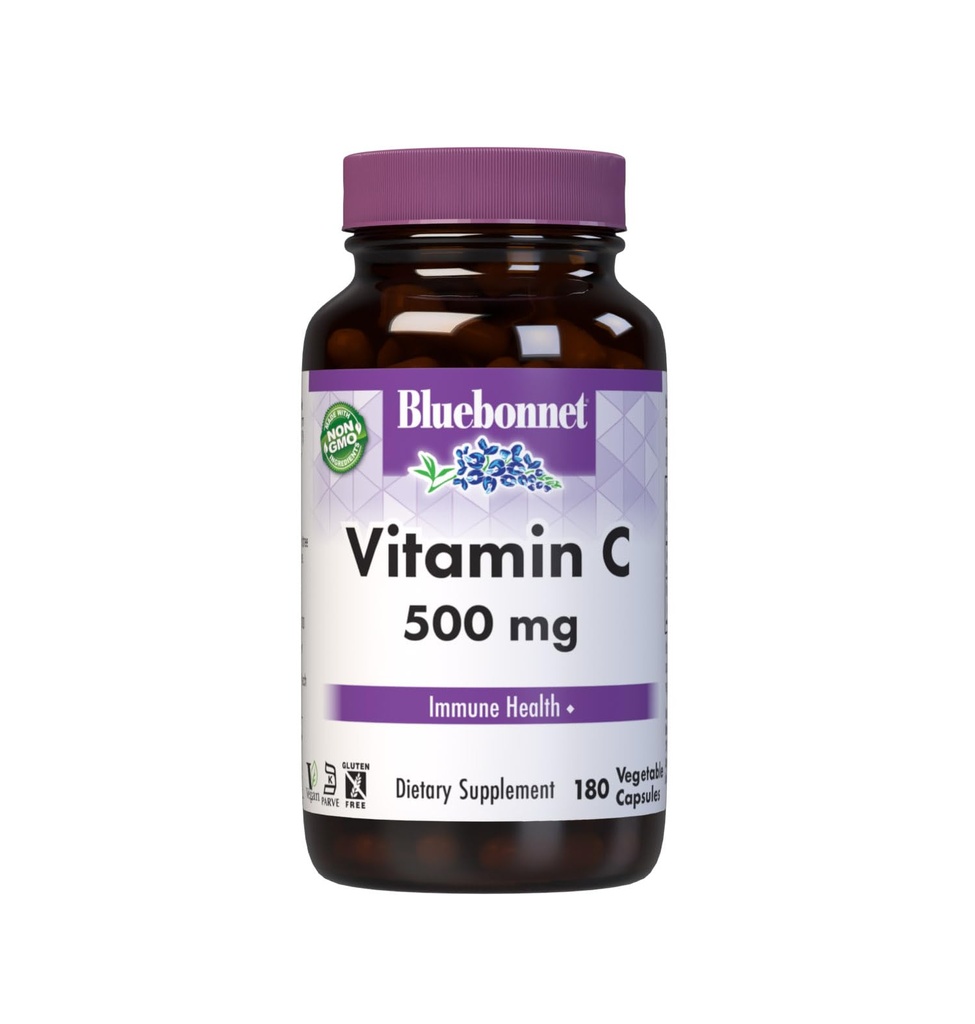 Bluebonnet Beslenme Vitamini C 500 mg Sebze Kapsülleri, Ascorbici, Immune Health & Skin Health, Vegan, Vegetarian, Non GMO, Gluten Free, Soy Free, Milk Free, Kosher, 180 Sebze Capsules
