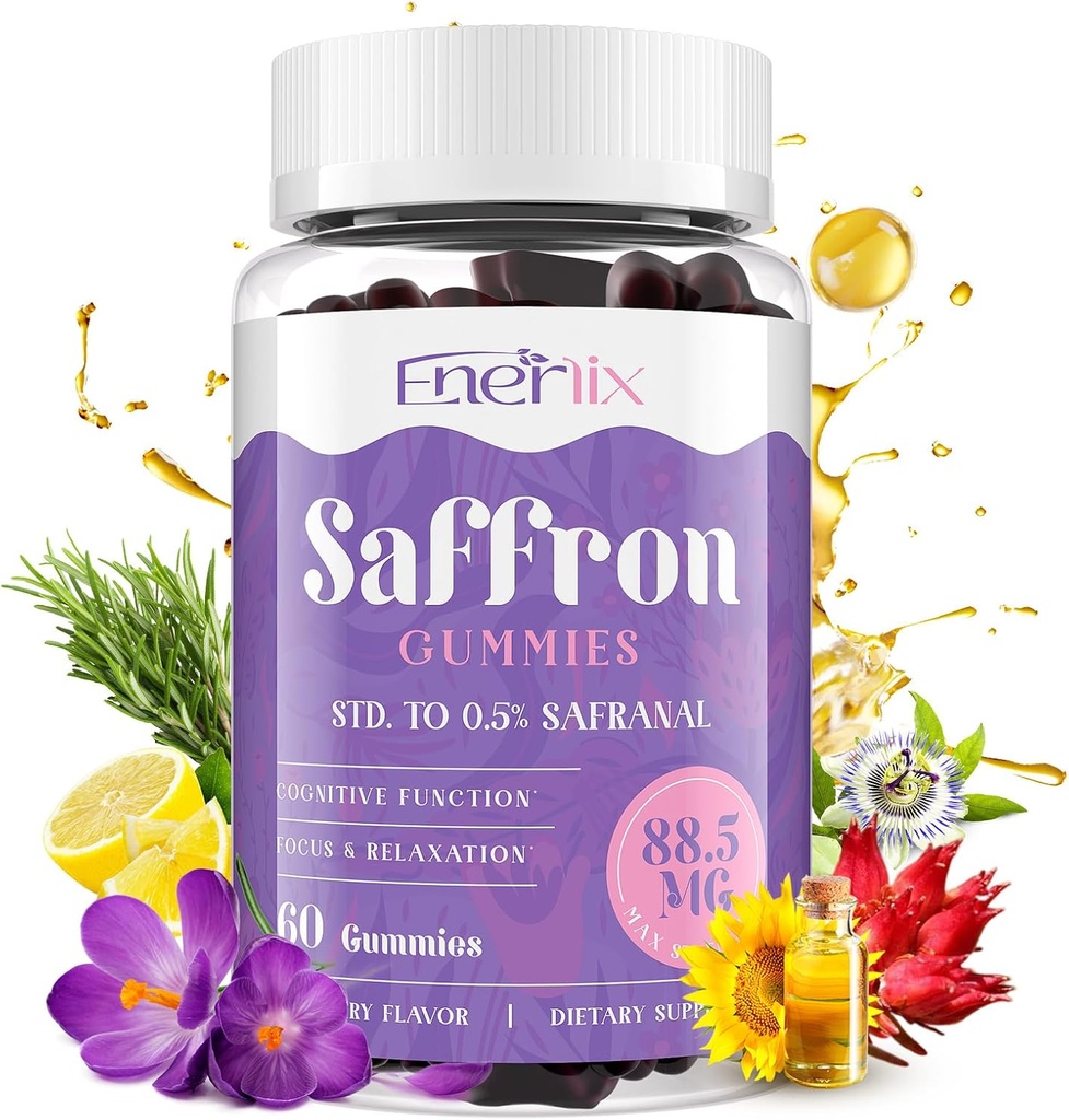 Saffron Gummies 88.5 mg with, Magnezyum Max Strength Saffron Supplements with St. John's Wort, GABA, Rhodiola, Rosemary & Passion Flower Extracts for Mood, Focus - 60 Servisler