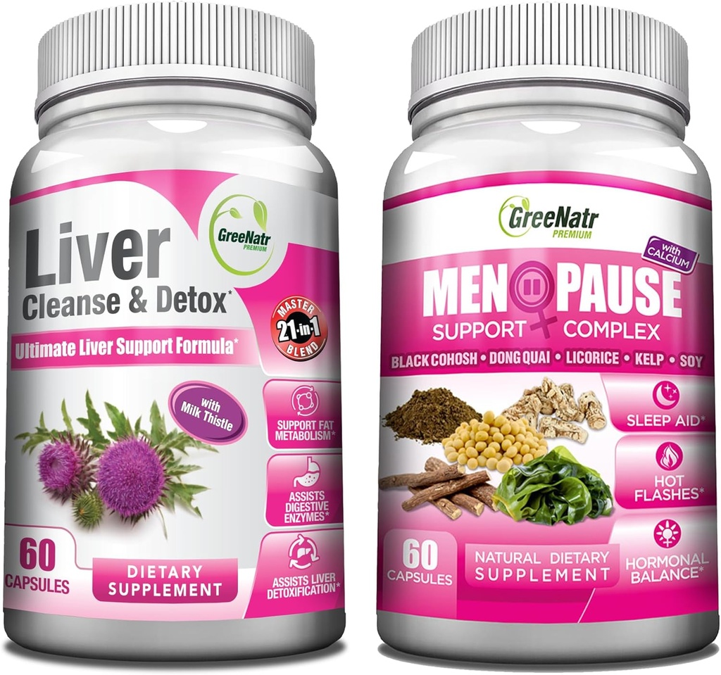 GreeNatr Synergic Bundle - Herbal Menopause Support Complex for Hot Flashes, Night Sweats & Mood Swings Relief Plus Total Liver Revitalization with Our Synergistic Liver Cleanse