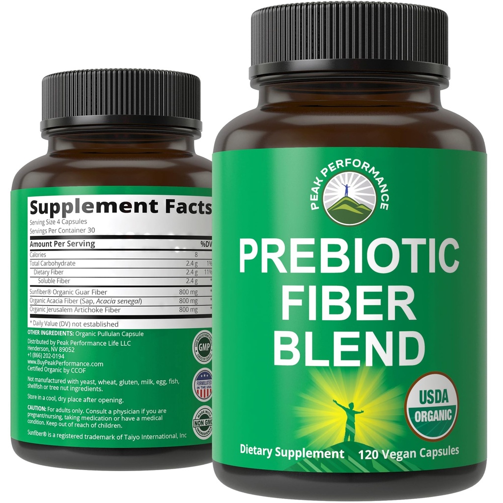 USDA Organik 3-in-1 Prebiyotik Fiber - Gut, Digestive Health için Vegan Capsules. Raw Whole Food Plant Based Prebiyotiks Pills Supplement with Inulin (Jerusalem Artichoke), Acacia Fibers, SunFiber