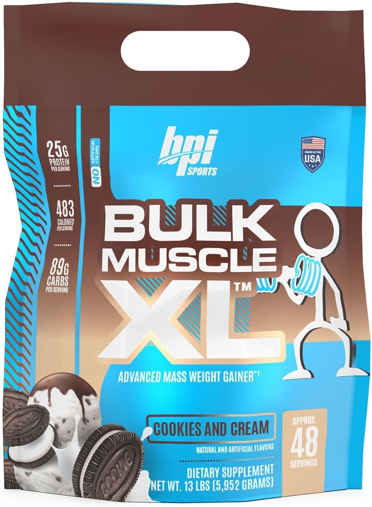 BPI Sports Bulk Muscle XL - Gelişmiş Kitle Ağırlık Ciddi Kas Yapı ve Kurtarma, 25g Protein & 497 Calories Per Servis - Çikolata, 13lb Bag (13lb, Kurabiye ve Krem)