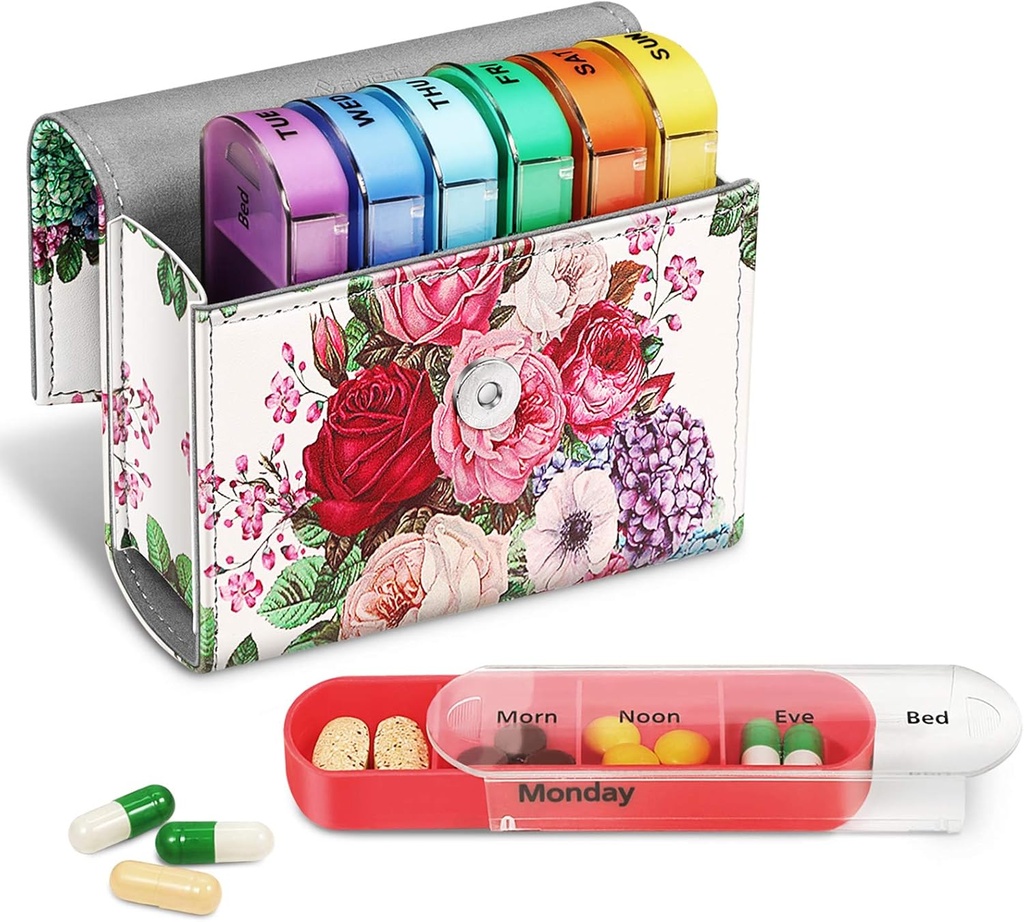 FINPAC Weekly Pill Organizers 4 Times A Day, Slide Open PU Deri Case Travel Pill Vitamin Tıp Hatırlatıcısı ve Sabah için Name Card for Morning / Afternoon| Evening| Bedtime (Flower Festival)