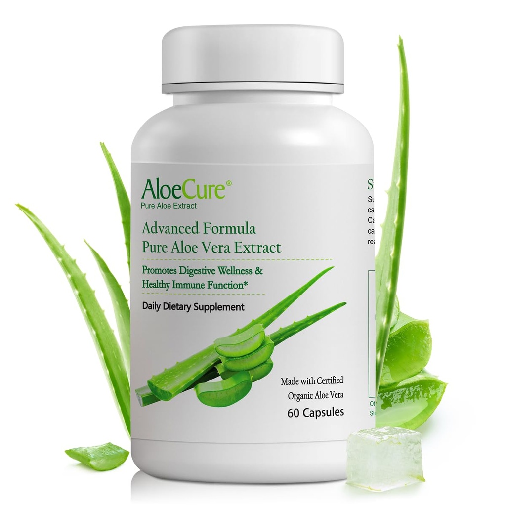 AloeCure Aloe Vera Capsules, Made with Organic Aloe Vera to Gently Support Gut Health & Digestive Comfort, Stomach Acid Buffer, Natural Immune Supplement, Aloin Free, 60 Capsules x 4-Pack
