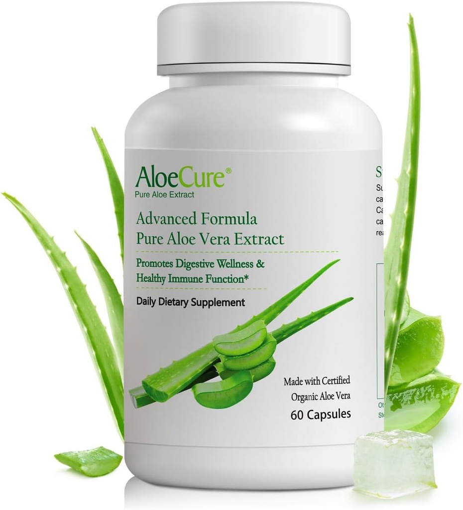 AloeCure Organik Aloe Vera Capsules, 130,000 mg İç Aloe Broşür Hizmet başına Eşlikli, Gut Health & Digestive Comfort, Stomach Acid Buffer, Natural Immune Supplement, Aloin Free, 60 Capsules