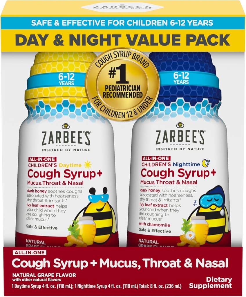 Zarbee's Children's All-in-One Honey Cough Syrup + Mucus, Throat & Nasal Day & Night Value Δύο πακέτα για παιδιά 6-12 + Dark Honey, Ivy Leaf Extract, Zinc Turmeric Root & B-Vitamins, Grape, 2 x 4 fl. Oz