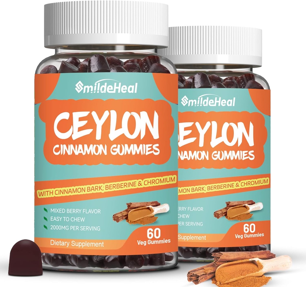 2 Pack Sugar Free Ceylon Cinnamon Gummies 2000MG, Cinnamon Supplement with Chromium and Cinnamon Bark, Vegan, Non-GMO, Gluten Free,120 Gummies