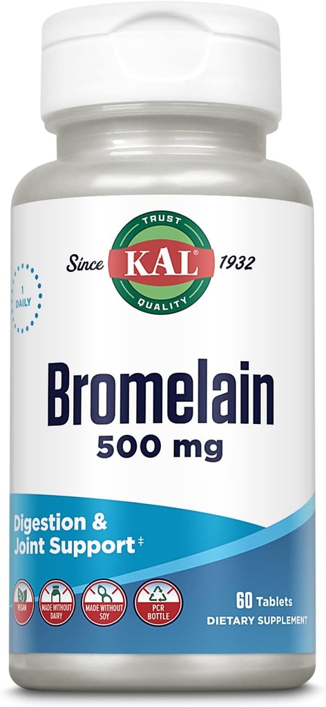 KAL Bromelain 500 mg, Digestion and Common Support Supplement, Digestive Enzymes, Pineapple Extract, Rapid Disintegration, Vegan, Süt veya Soy olmadan Yapıldı, 60 Hizmet, 60 Tablet