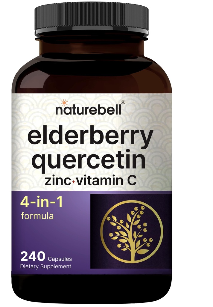 NatureBell Sambucus Elderberry Capsules, 5000 mg Per Quercetin 500 mg, C ve çinko, 240 Kont | Avrupa Kara Yaşlı Meyvesi - 1 Immune Support Supplements