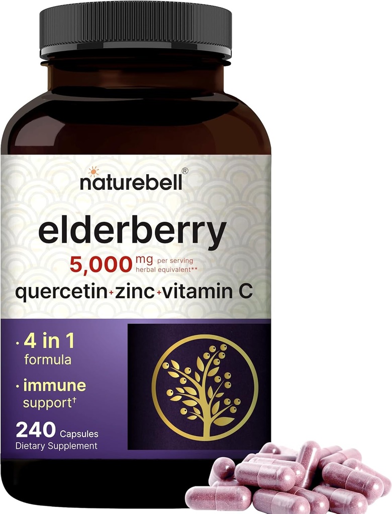 NatureBell Sambucus Elderberry Capsules, 5000 mg Per Quercetin 500 mg, C ve çinko, 240 Kont | Avrupa Kara Yaşlı Meyvesi - 1 Immune Support Supplements