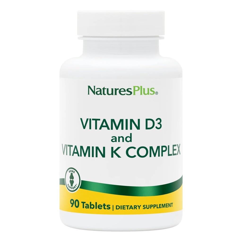 Natures Plus Vitamins D3 & K2-90 Tablets - Προάγει την υποστήριξη των οστών, την ανοσοποιητική λειτουργία, την καρδιοαγγειακή υγεία & ισορροπία διάθεσης - χορτοφαγικά, χωρίς γλουτένη - 90 εξυπηρετήσεις