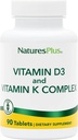 Natures Plus Vitamins D3 & K2-90 Tablets - Προάγει την υποστήριξη των οστών, την ανοσοποιητική λειτουργία, την καρδιοαγγειακή υγεία & ισορροπία διάθεσης - χορτοφαγικά, χωρίς γλουτένη - 90 εξυπηρετήσεις
