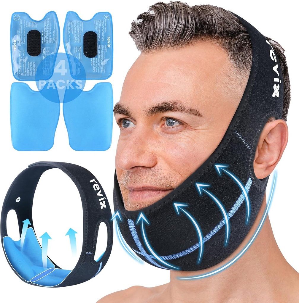 REVIX Bilge Dişler Buz Paketi Kafası 3D Dikiş Jaw Buz Paketi ile Yüz Ağız Cerrahisi Ağrısı Yardımı TMJ için Çok Çekildi, Ekstra Snug Fit 4 Hot Cold Gel Packs Reusable, Black