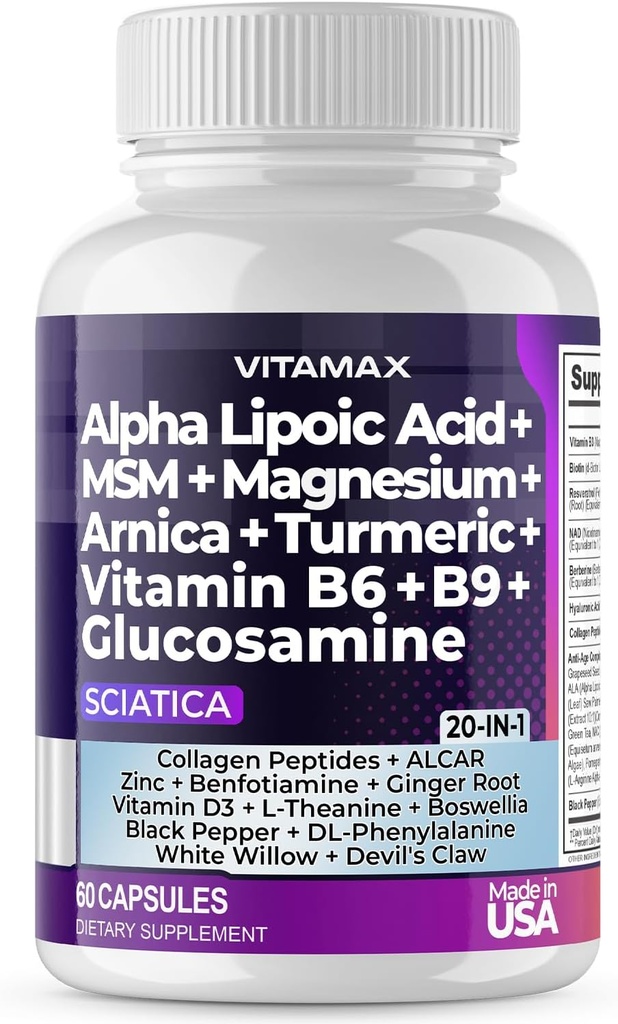 Sciatic Nerve Health Support - Sciatic Nerve Supplement Capsules with Folic Acid, Pea, Glucosamine, MSM, Vitamin B Kompleksi, Alpha Lipoic Acid 300 mg – 60ct – Made in USA