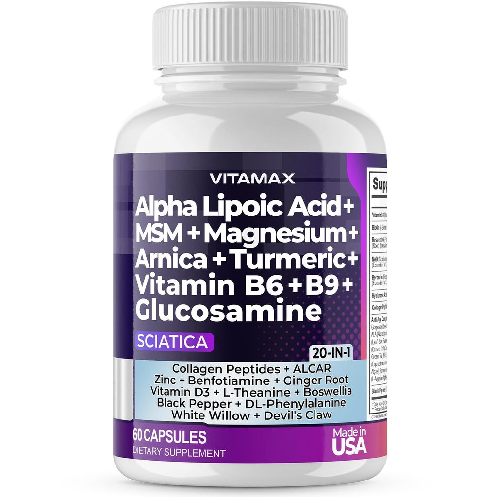 Sciatic Nerve Health Support - Sciatic Nerve Supplement Capsules with Folic Acid, Pea, Glucosamine, MSM, Vitamin B Kompleksi, Alpha Lipoic Acid 300 mg – 60ct – Made in USA