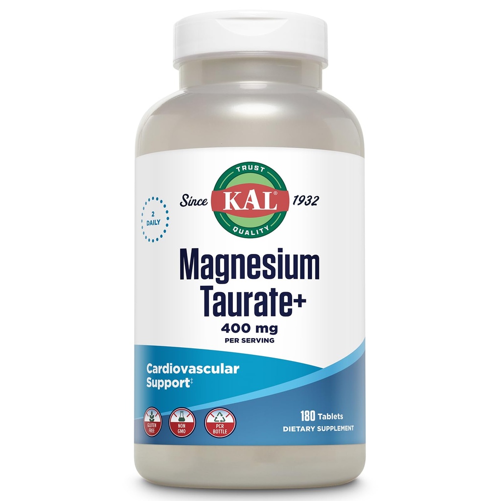 KAL Taurate 400 mg Plus CoEnzyme Vitamin B6, Chelated Supplement Magnezyum, Muscle Function, Gluten Free, Vegan, 90 Serv, 180 Tabletler