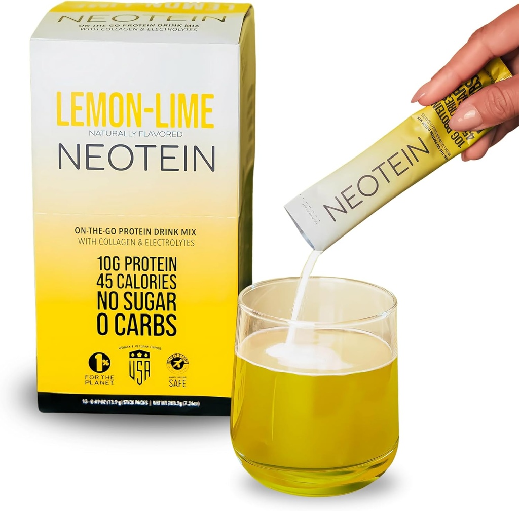 NEOTEIN: Elektrolyte Toz Paketleri, Protein Toz 10g protein & Collagen | Hydration Packets - Zero Sugar, NO Fillers, NO Carbs | Lemon Lime | 45 Calories | Hua & Paleo | 15 Paket