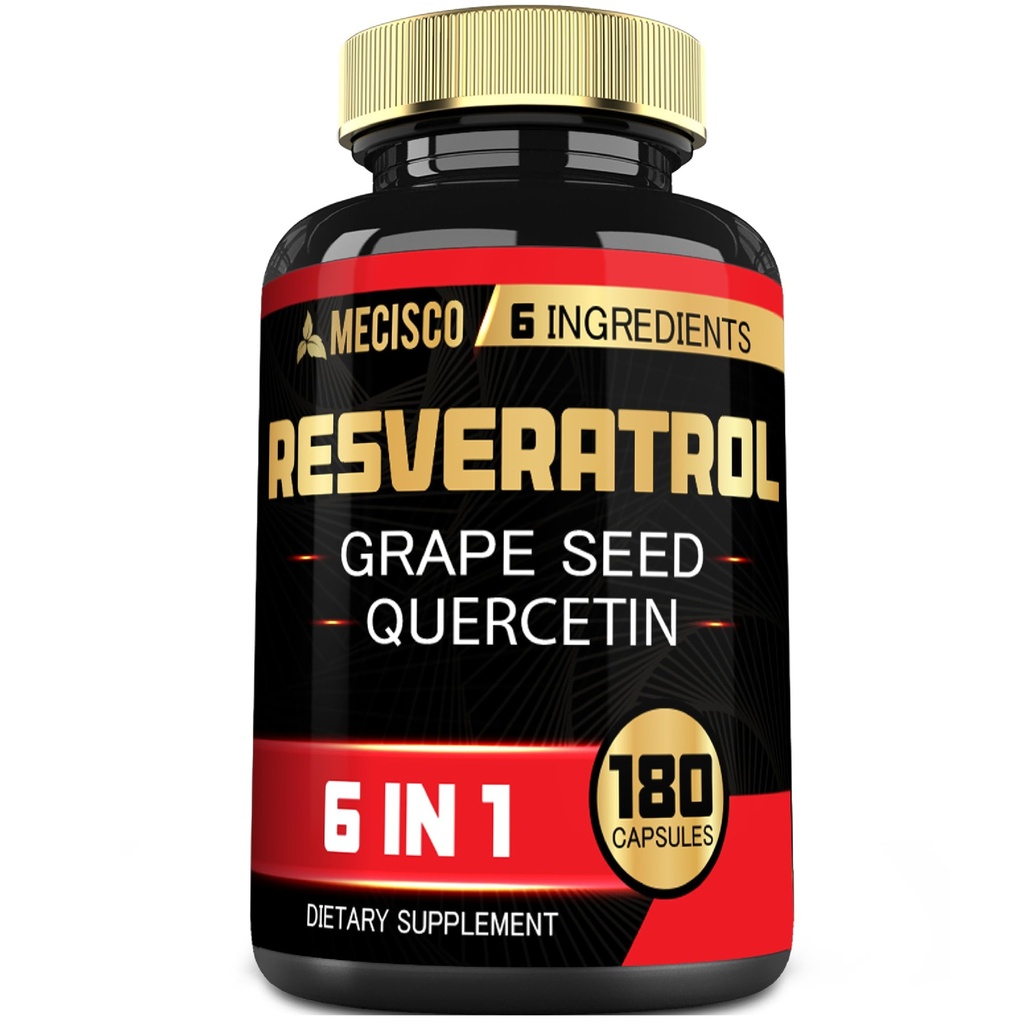 6in1 Trans Resveratrol Supplement with Grape Tohum, Milk Thistle, and More - Resveratrol 1000 mg - Immune System, Heart Health, Body Management - 180 Capsules
