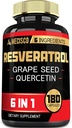6in1 Trans Resveratrol Supplement with Grape Tohum, Milk Thistle, and More - Resveratrol 1000 mg - Immune System, Heart Health, Body Management - 180 Capsules