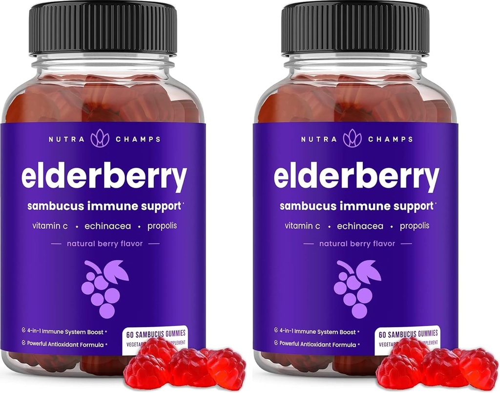NutraChamps Elderberry Gummies with Vitamin C, Propolis & Echinacea - Immune System Support Gummy Vitamins for Yetişkinler & Çocuklar - Max Strength 200 mg Sambucus Antioksi (Pack of 2)