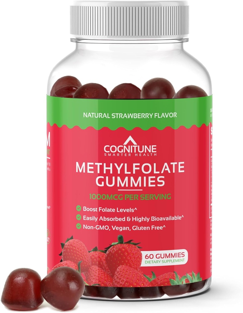 CogniTune Methylfolate Gummies - Easy to Take High Potency L-Methylfolate, Folate Supplement for Brain, Heart Health & Immunity, Delicious Strawberry Flavor, Non-GMO, Vegan, Gluten-Free