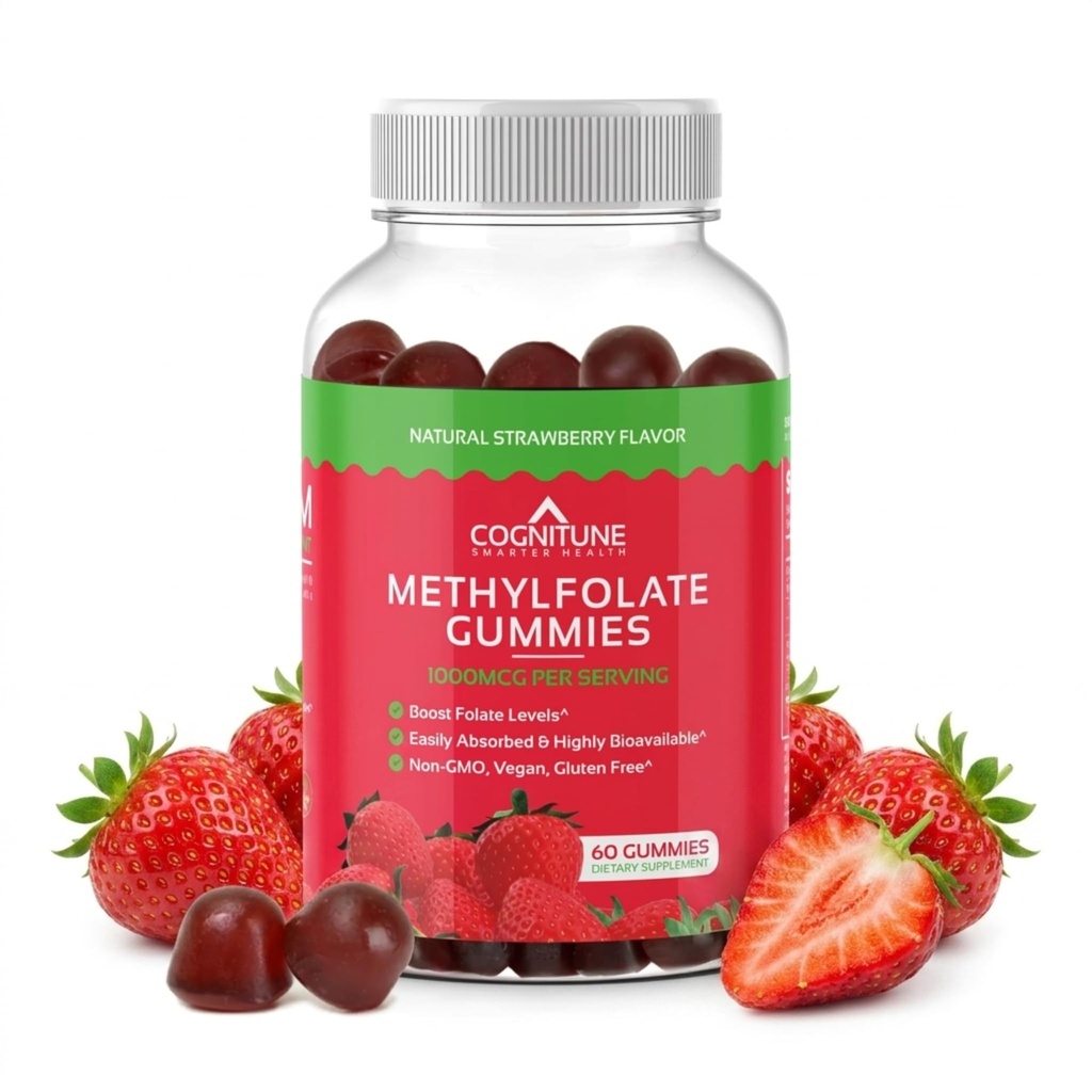 Cognitune methylfolate Gummies - Εύκολο στη λήψη υψηλής ισχύος L-μεθυλοφολικό, Folate συμπλήρωμα για τον εγκέφαλο, την καρδιά υγεία & ανοσία, Νόστιμη γεύση φράουλας, μη-GMO, Vegan, χωρίς γλουτένη