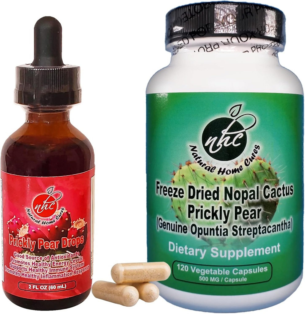 Prickly Pear Nopal Cactus Supplement Combo Pack - Freeze kıl Cactus Meyvesi - 120 Sebze Capsules & 2oz Liquid Drops - Vegan, Betalains, & Bio available
