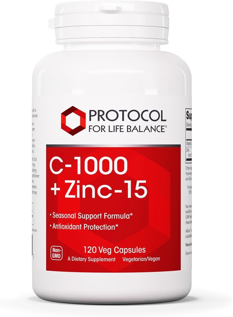 PROTOCOL FOR LIFE BALANCE C-1000 + Zinc-15 - Vitamin C & Zinc Bisglycinate - Immune Support Supplement - Antioxidants Supplement - with Ascorbic Acid - 120 Veg Capsules
