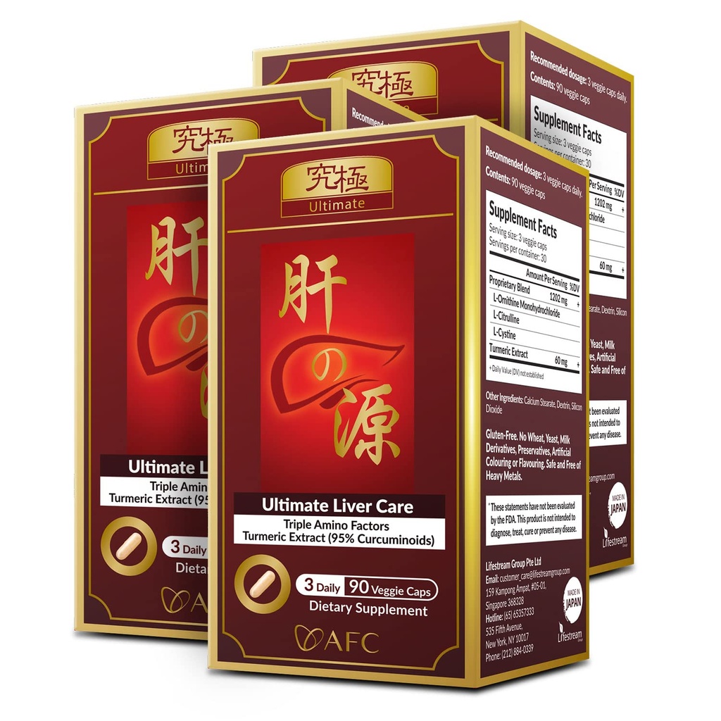 AFC Japonya Ultimate Liver Care – Cleanse Detox Formula ile Sıvı Asit L-Ornithine, L-Citrulline, L-Cystine ve Turmeric – Liver Health Support Supplement, 90 Veggie Capsules x 3