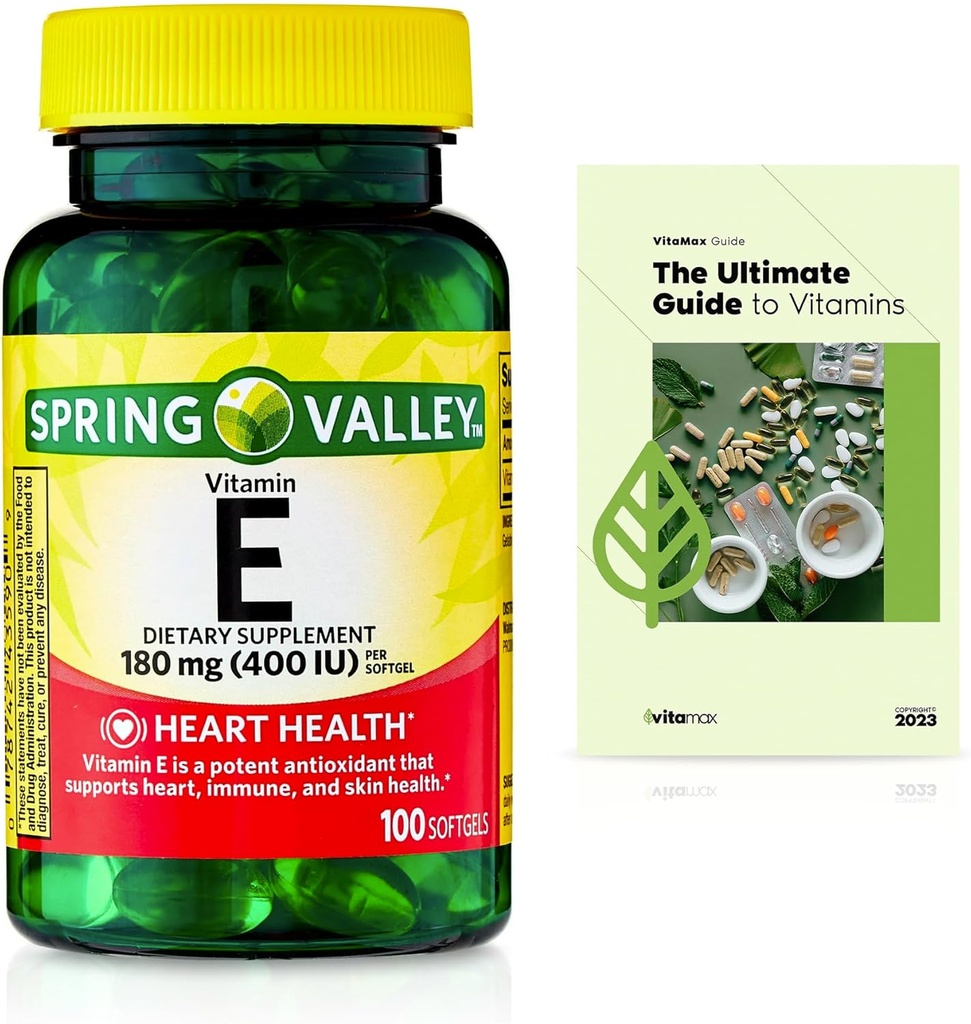 Spring Valley Vitamin E Heart Health Diyetary Supplement Softgels, 180 mg (400 IU), 100 Count + Exclusive VitaMax Vitamin Kılavuzu (2 Madde)