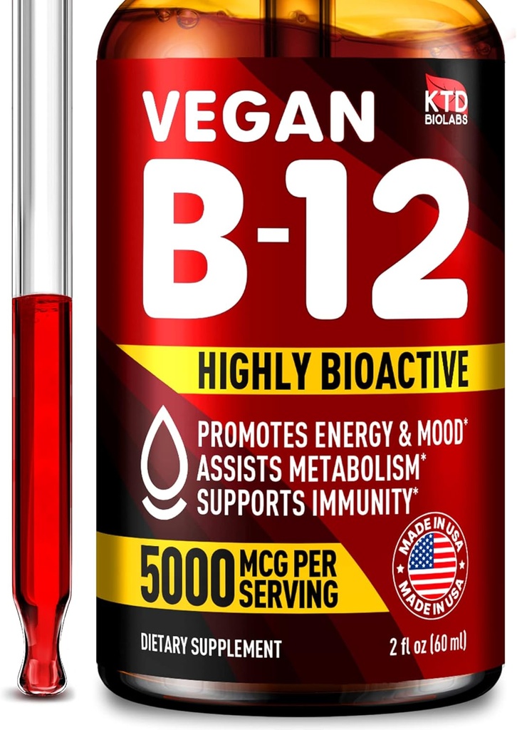 B12 Sublingual 5000 mcg Drops - ABD'de yapılan - Vegan B12 Vitaminler Enerji, Mood & Memory - Highly Bio available Sublingual Drops - Women & Men - 2 fl. oz.