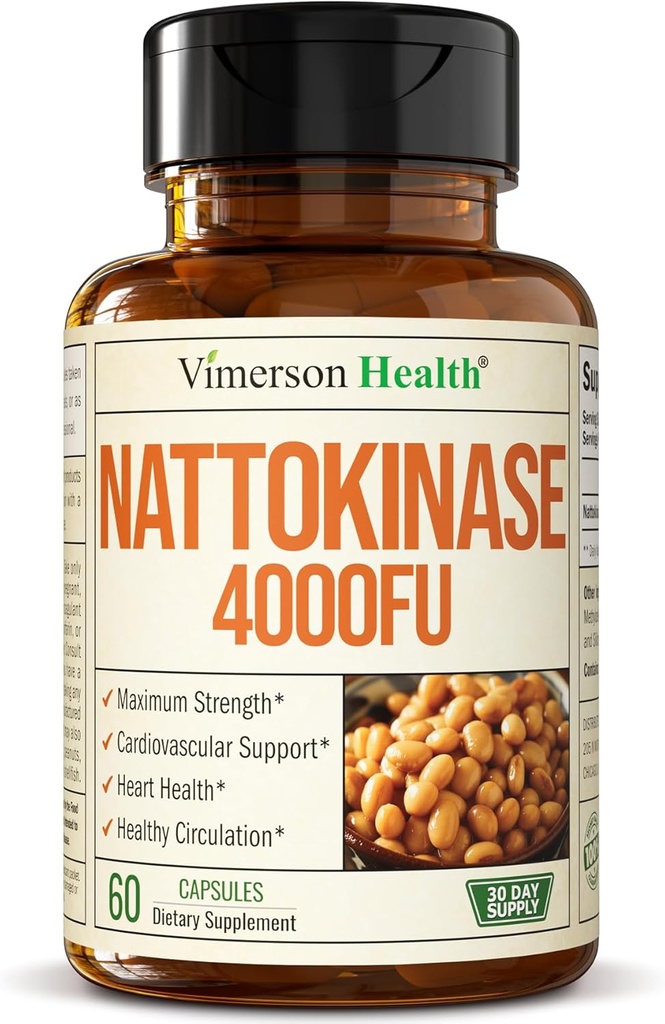 Nattokinase Supplement - Heart Health Supplements with Nattokinase 4000 FU - Max Strength Circulation Supplements - Systemic Enzymes for Healthy Circulation & Smooth Flow. Non-GMO & Vegan. 60 Capsules
