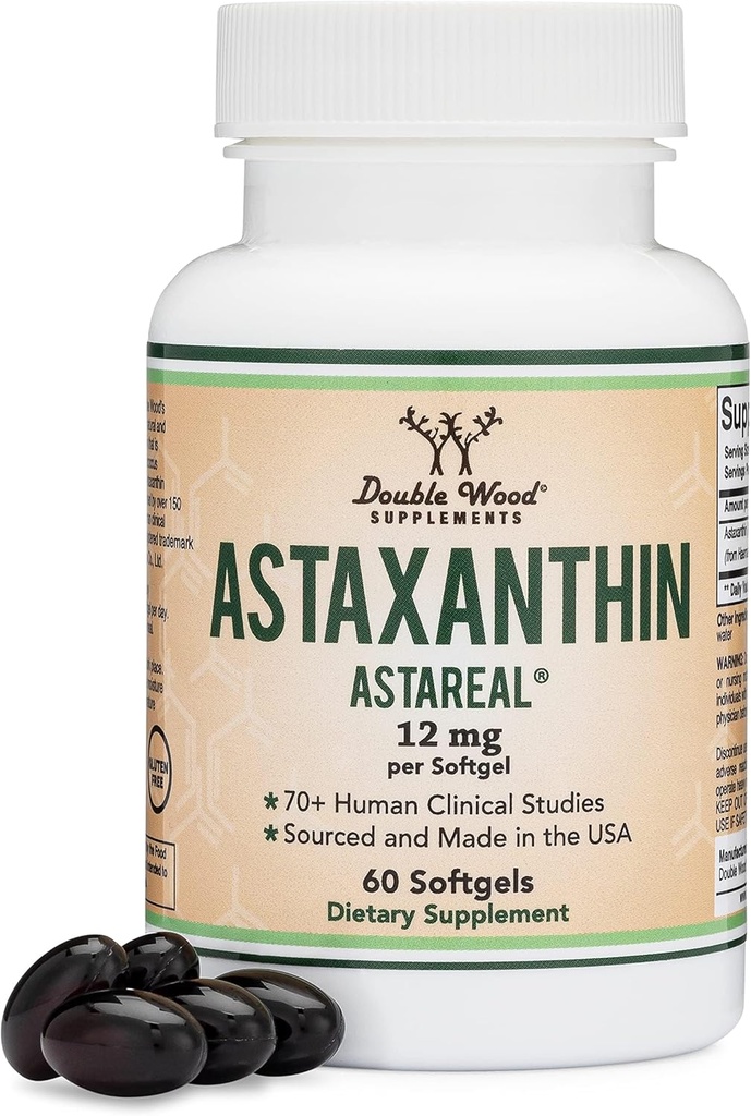 Ασταξανθίνη 12mg Max Strength (Μόνο Πατενταρισμένη Ασταξανθίνη (Astrareal) με 70+ ανθρώπινες κλινικές δοκιμές - World's Most Studied Brand) Grown, Harvested, and Made in The USA (Astaxantina) by Double Wood