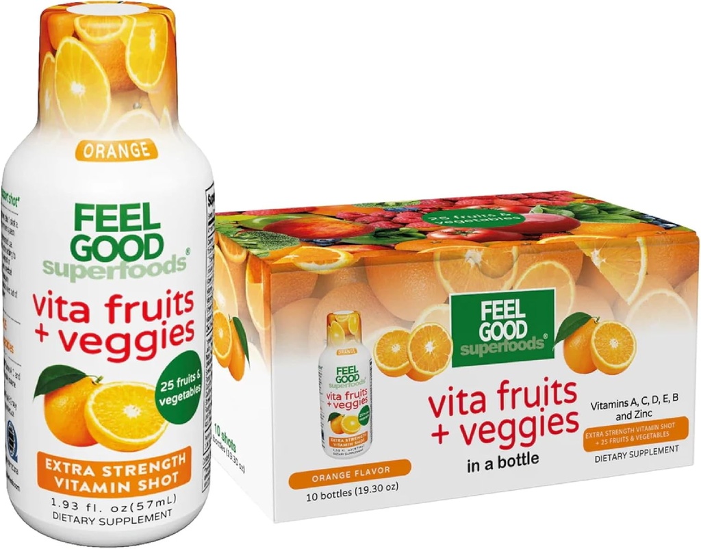 FeelGood Superfoods Vita Fruits and Veggies Immune Support Shot Supplements, Orange Flavor, Pack of 10 Immunity Shots, Immune System Booster Drink Made with 25 Βιολογικά Φρούτα & Λαχανικά