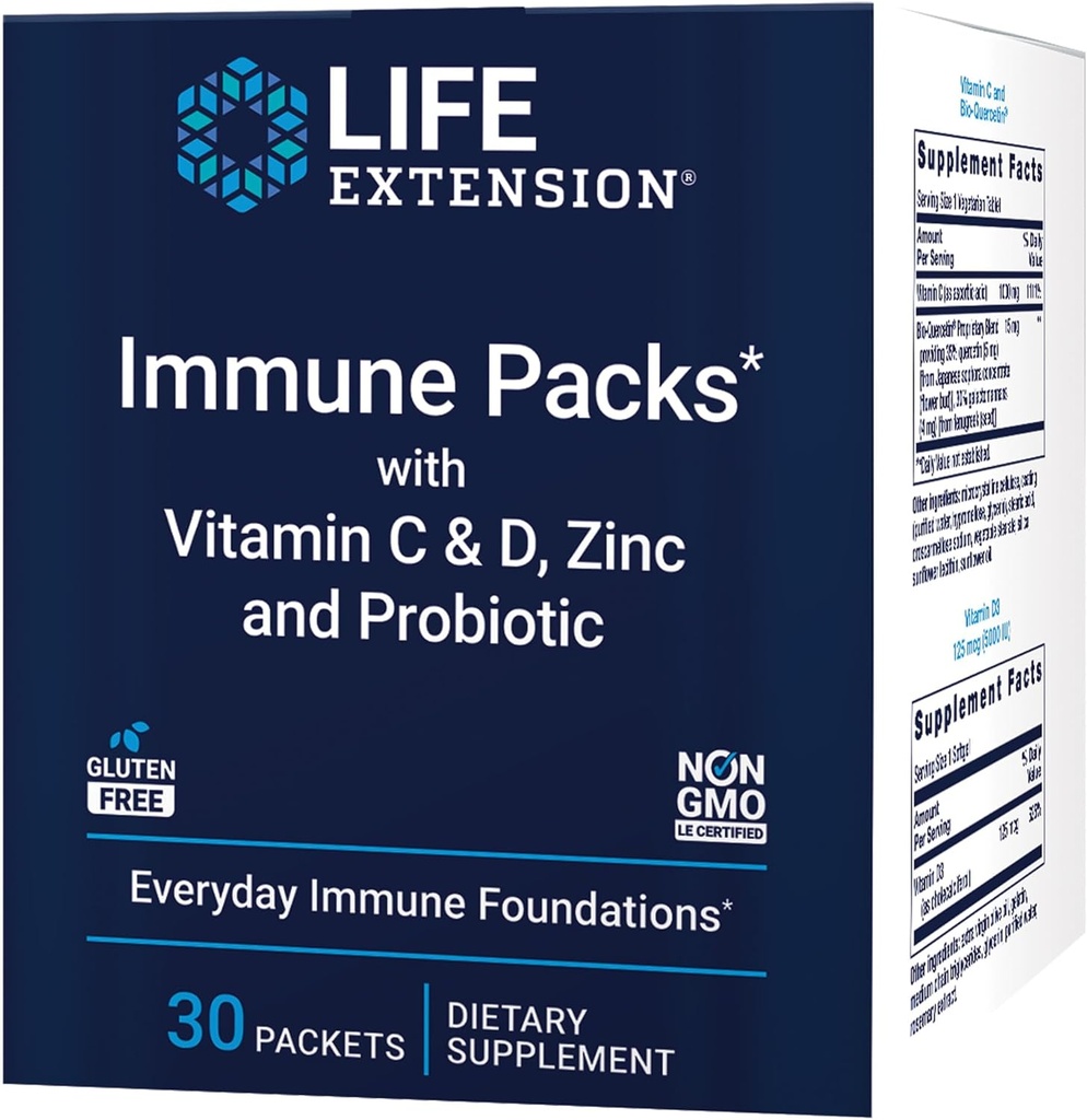 Life Extension - Immune Packs with Vitamin C & D, çinko ve Probiyotik (30 Packs)