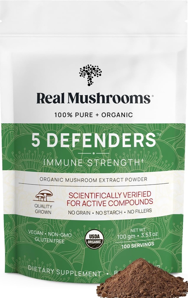 Real Mushrooms 5 Defenders Mushroom Kompleks Toz – Organik Mushrooms Extract from Chaga, Reishi, Türkiye Tail, Maitake & Shiitake Mushroom Mix for Wellness Support with Beta Glucans - 100 Servisler