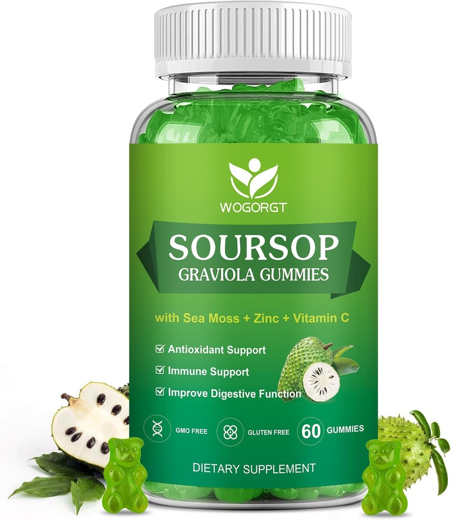 WOGORGT Soursop Graviola Gummies - Soursop Multivitamin Gummies with 200 mg Sea Moss Extract for Antioxy, Cell Support & Rejenerasyon, Immune Support, Vegan, Apple Flavor - 60 Gummiesop Multivitamin Gummies
