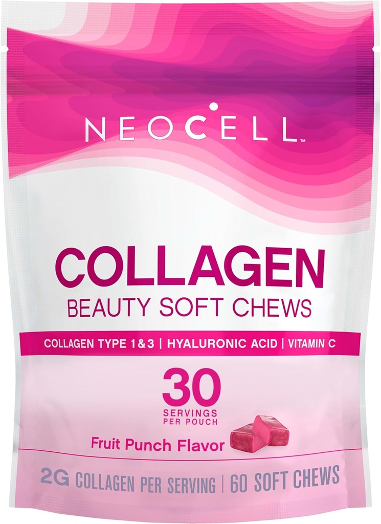 NeoCell Collagen Ομορφιά μαλακά μάσημα με βιταμίνη C και υαλουρονικό οξύ, για την υγεία των μαλλιών, του δέρματος και των νυχιών, Punch φρούτων, μαλακά μάσημα, 60 Count, 1 τσάντα