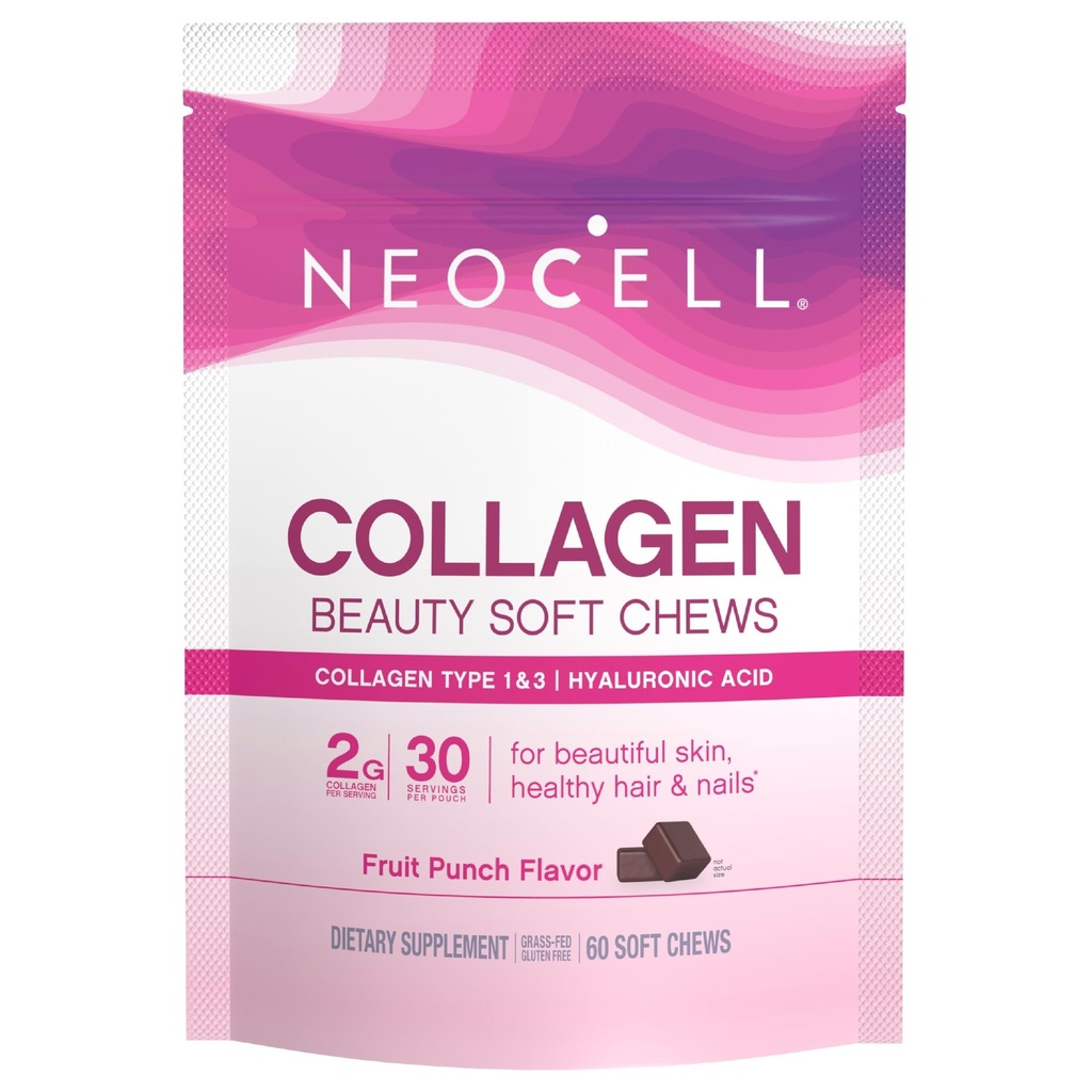 NeoCell Collagen Ομορφιά μαλακά μάσημα με βιταμίνη C και υαλουρονικό οξύ, για την υγεία των μαλλιών, του δέρματος και των νυχιών, Punch φρούτων, μαλακά μάσημα, 60 Count, 1 τσάντα