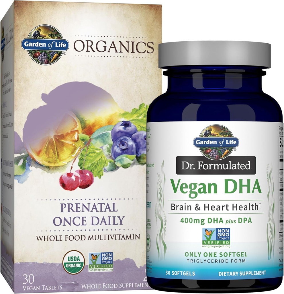 Life Garden Once Daily Vegan DHA + Prenatal Multi Sche: Dr Formulated Vegan DHA 30 Softgels + Organiks Prenatal Once Daily Multivitamins with Folate for Women's Prenatal Health, 30 Tablets