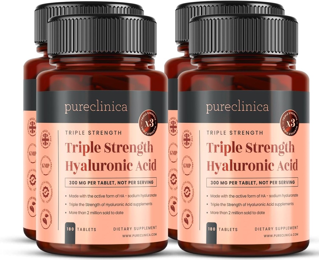 Pureclinica Τριπλή δύναμη Υαλουρονικό οξύ 300mg x 720 δισκία (4 φιάλες των 180) - 2 χρόνια προσφοράς