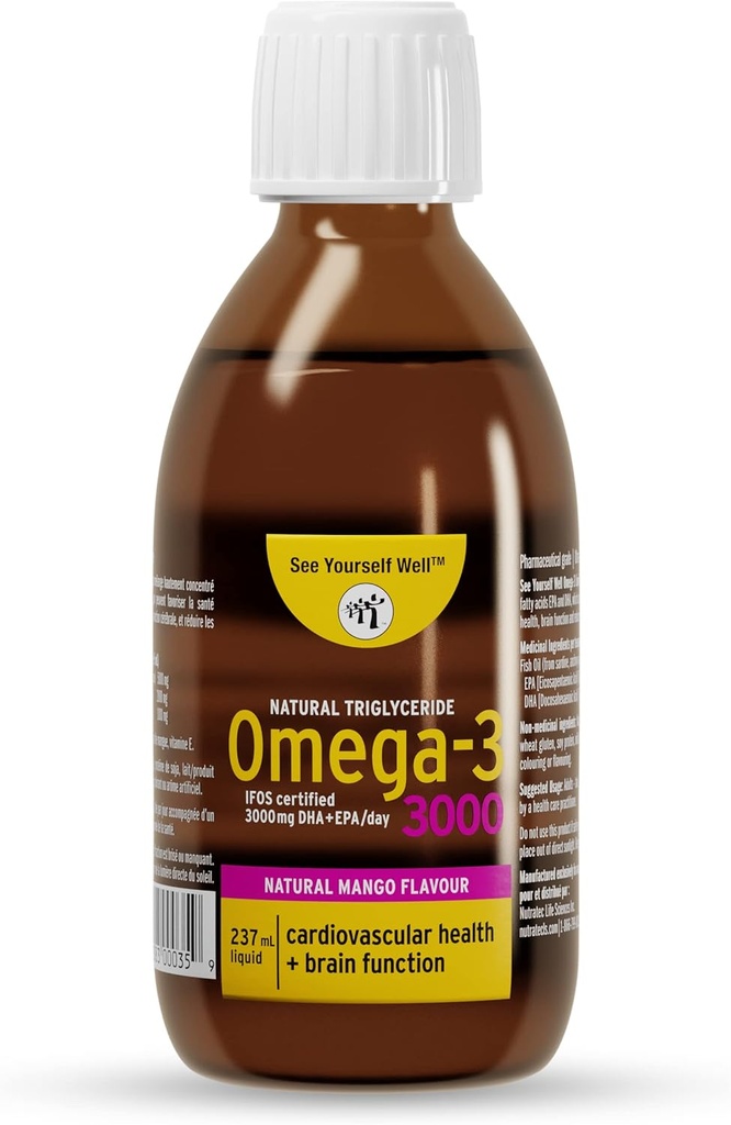 Sıvı Omega 3 Balık Yağı - Yüksek Potency. Beyin, Eye, Heart & Immune Health'i destekler. Doğal Triglyceride. 237 ml / 8oz - 48 Hizmet. Mango
