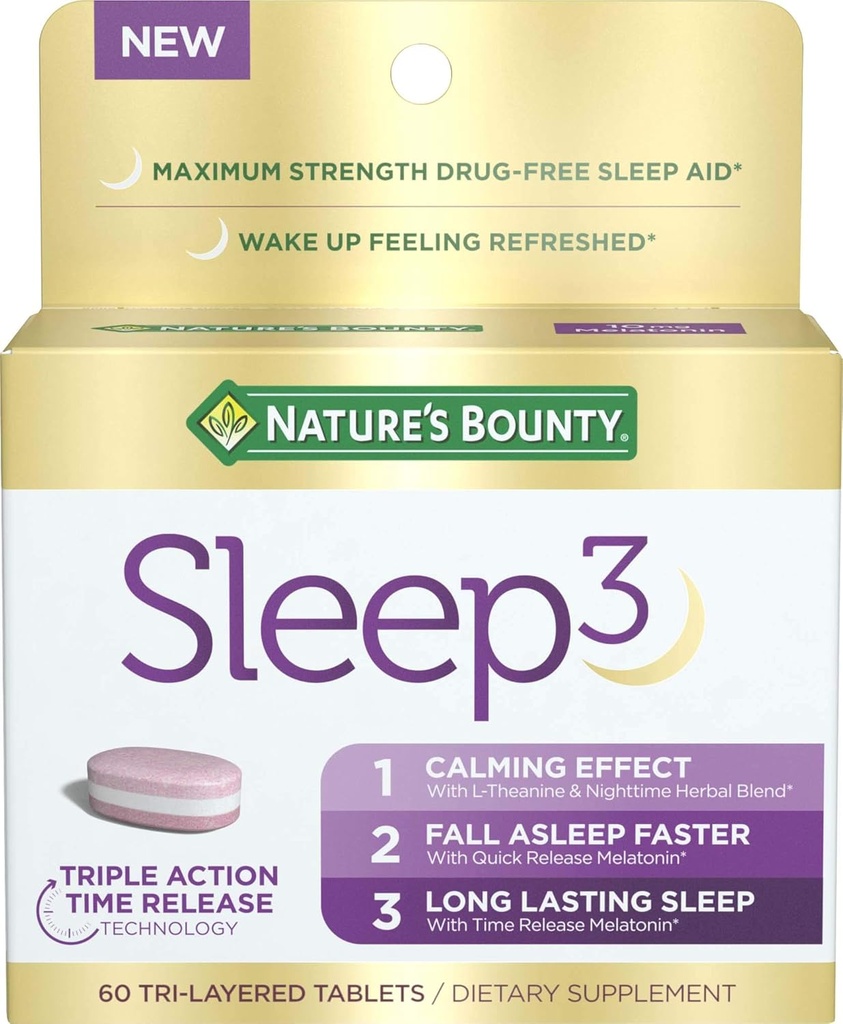 Nature’s Bounty Sleep3 Μελατονίνη 10mg, μέγιστη δύναμη 100% χωρίς φάρμακα Sleep Aid, Συμπλήρωμα διατροφής, L- Theanine & Nighttime Herbal Blend Time Release Technology, 60 Tri- Layered Tablets