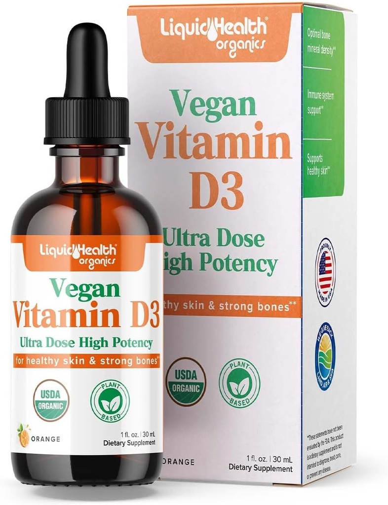 LIQUIDHEALTH Βιταμίνη D3 4000 IU, USDA Βιολογική Βιταμίνη D Υγρές σταγόνες για ενήλικες & παιδιά, Vegan Βιταμίνη D για την υποστήριξη ανοσοποιητικού συστήματος, την υγεία των οστών, την υποστήριξη της διάθεσης, υγιές δέρμα - Made in USA (2 oz)
