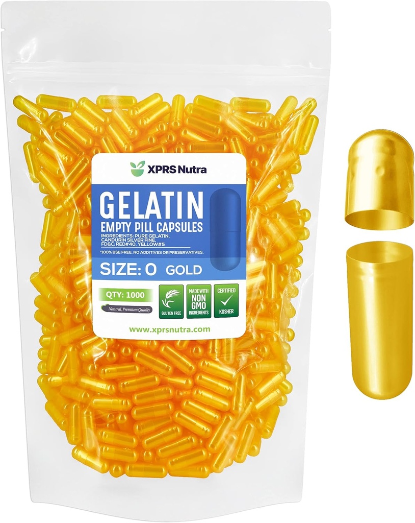 XPRS Nutra Boyutu 0 Boş Kapsüller - 1000 Kont Boş Gelatin Capsules - Pills DIY Capsule - Pure Bovine Pill Gel Caps For Do-It- Yourself Supplements (Gold)