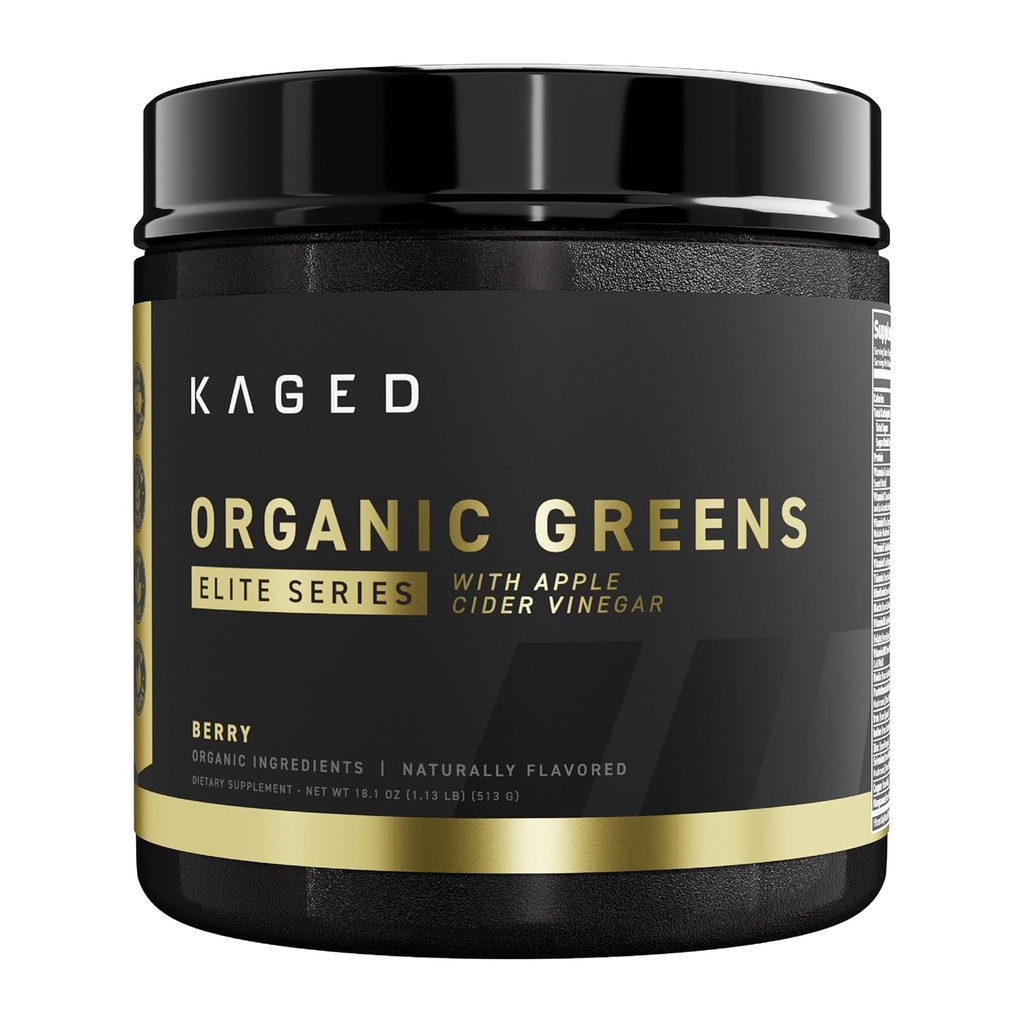 Kaged Organic Greens Elite Powder | Berry | Outlive 100 Superfood & Greens Powder | Apple Cider Vinegar, Adaptogen, Prebiotics | Vitamins & Minerals | Supplements for Men & Women | 30 Servings