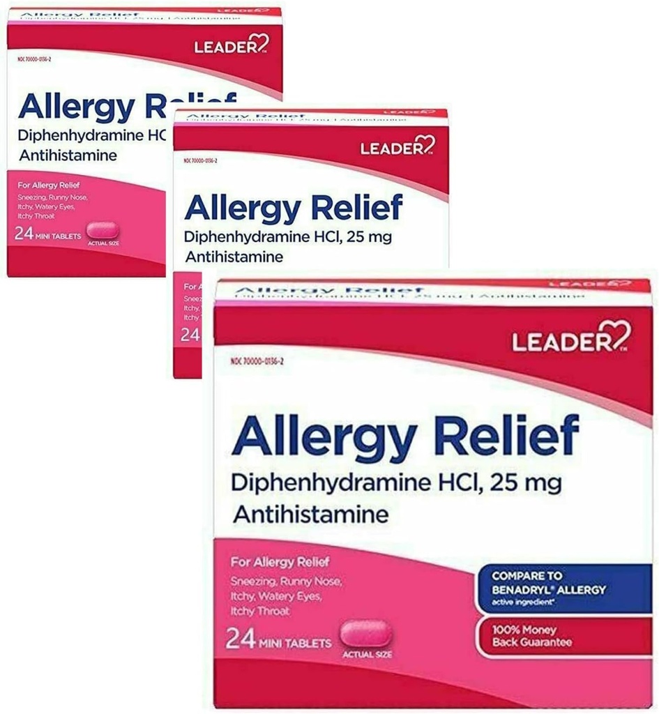 Lider Antihistamin Antihistamin Antigistamine Relief Diphenhydramine HCl, 25 mg Mini Tabletler, 24 Kont Pack of 3