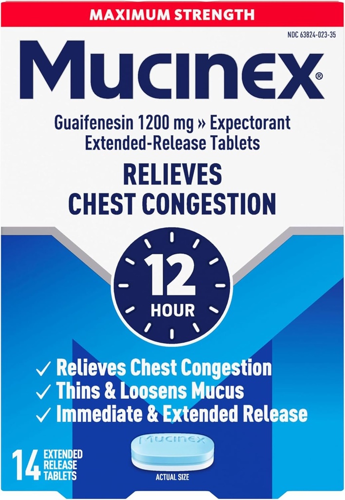 Mucinex Θωρακική Συμφόρηση, Μέγιστη δύναμη 12 δισκία παρατεταμένης αποδέσμευσης ώρας, 14ct, 1200 mg Guaifenesin με εκτεταμένη ανακούφιση της συμπύκνωσης θώρακα που προκαλείται από το Excess Mucus, Thins και χαλαρώνει Mucus
