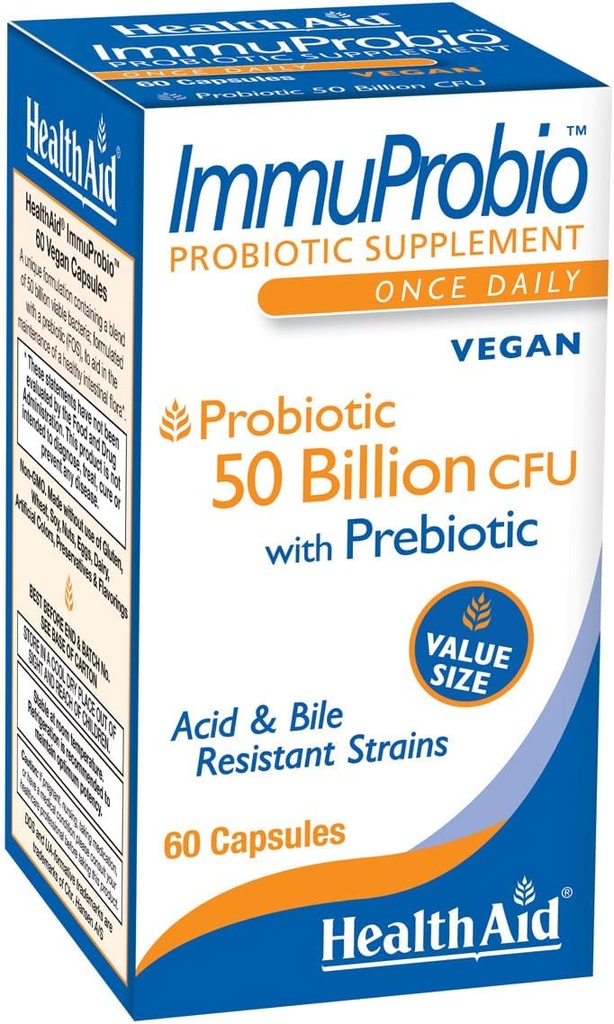 HealthAid ImmuProbio 60 Caps - 50 Milyar CFU with Prebiyotik, Once Daily, Acid & Bile Dayanıklı Strains, Vegan