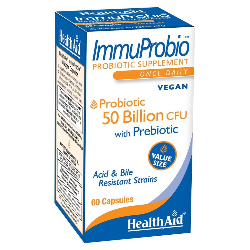 HealthAid ImmuProbio 60 Caps - 50 Milyar CFU with Prebiyotik, Once Daily, Acid & Bile Dayanıklı Strains, Vegan