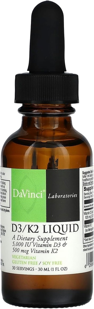 DAVINCI Laboratuvarları D3/K2 Sıvı - Kemik Sağlığı için D & Vitamin K Supplement, Kalp Desteği ve Kalsiyum Abhidrasyon - 30mL (30 Hizmet)